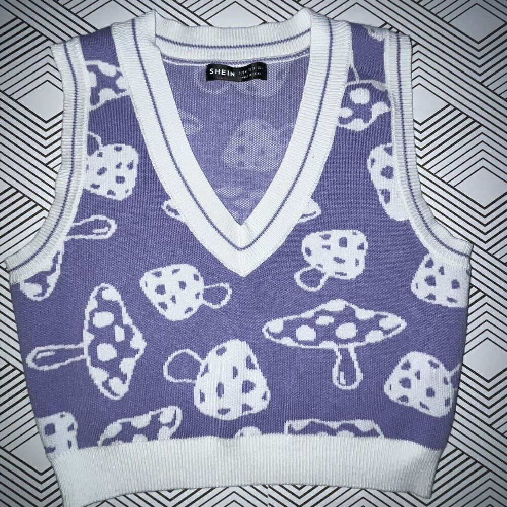 Mushroom Crop Sweater Vest Womens Size Medium V Neck Festival Fairy Pixie Boho